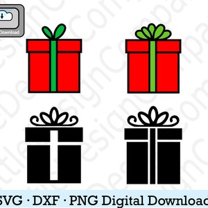 May include: Four different gift box designs. Two are red with green ribbon and bow. Two are black with white ribbon and bow.