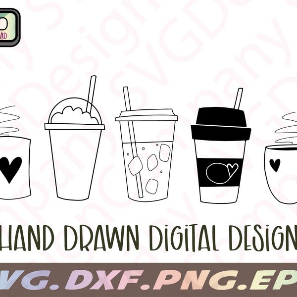 Coffee cup svg bundle, coffee mug svg, iced coffee svg, frappuccino svg, coffee cup clipart bundle, Hand drawn coffee clipart files, digital