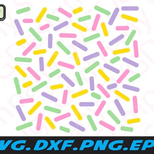 May include: A digital design featuring a pattern of colorful sprinkles in yellow, pink, green, and purple. The sprinkles are arranged in a random pattern on a white background.