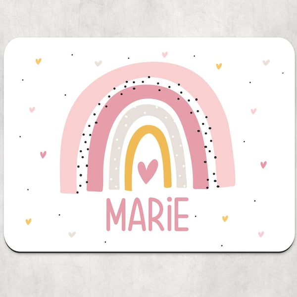 Large DESK PAD "Rainbow" personalized with name made of white, washable plastic with non-slip rubber backing