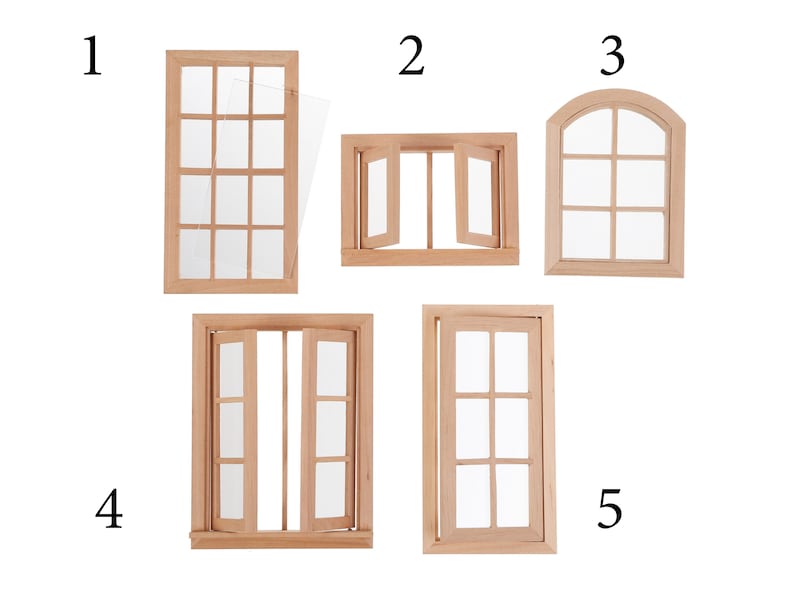 May include: Five different styles of miniature wooden windows, each with a different design. The windows are all made of unfinished wood and have clear glass panes. The windows are numbered 1 through 5.