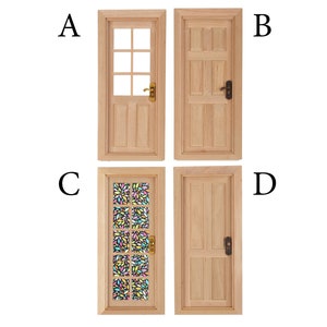 May include: Four miniature wooden doors for dollhouses. Two doors have a simple design, while the other two have glass panels. One glass panel features a colorful geometric pattern.
