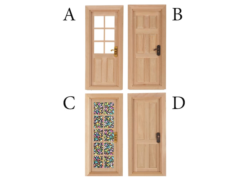 May include: Four miniature wooden doors for dollhouses. Two doors have a simple design, while the other two have glass panels. One glass panel features a colorful geometric pattern.