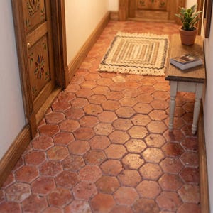 May include: A miniature hallway scene featuring terracotta-colored hexagonal floor tiles, a small wooden door with floral carvings, a woven rectangular rug with fringe, and a narrow wooden side table holding a potted green plant and a book.