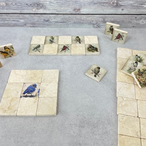 May include: A set of decorative tile coasters featuring various bird illustrations. The coasters are made of beige stone with a textured surface. The birds are depicted in a variety of colors and poses, including bluebirds, cardinals, and sparrows.