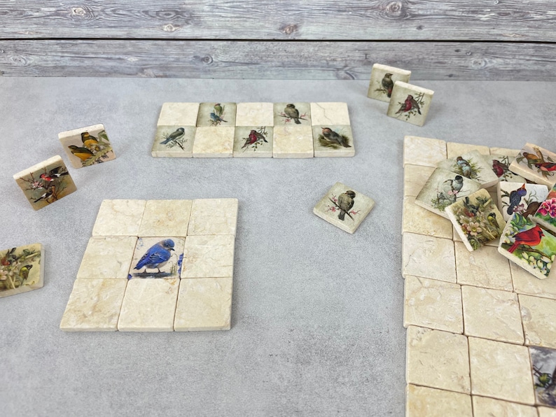 May include: A set of decorative tile coasters featuring various bird illustrations. The coasters are made of beige stone with a textured surface. The birds are depicted in a variety of colors and poses, including bluebirds, cardinals, and sparrows.