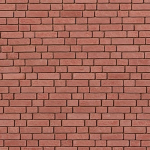 May include: A wall surface composed of rectangular red bricks arranged in a standard running bond pattern. The bricks feature a weathered, textured appearance with subtle variations in shade, separated by thin, uniform lines of mortar.