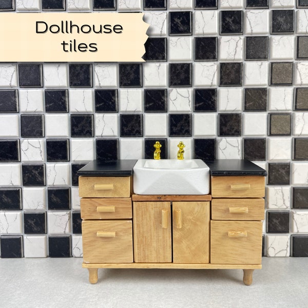 Dollhouse tile flooring, Hobby miniatures floor tiles, Antique checkerboard tiles, 1:12 scale small square tiles, Farmhouse Floor, 591
