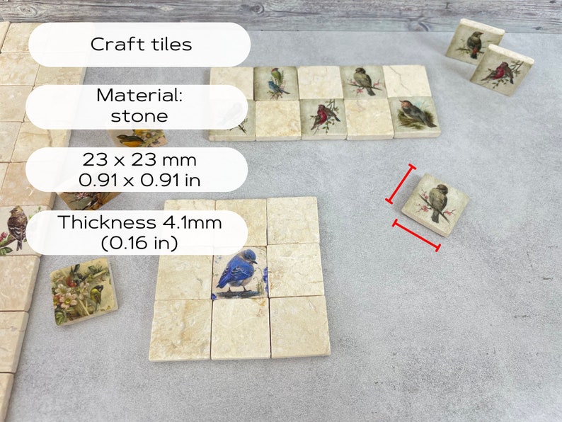 May include: Craft tiles made of stone with a bird design. The tiles are 0.91 inches by 0.91 inches and 0.16 inches thick.