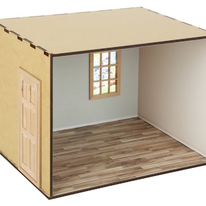 May include: A miniature dollhouse room with a wooden floor, a door, and a window with stained glass. The walls are painted white and the room is empty.