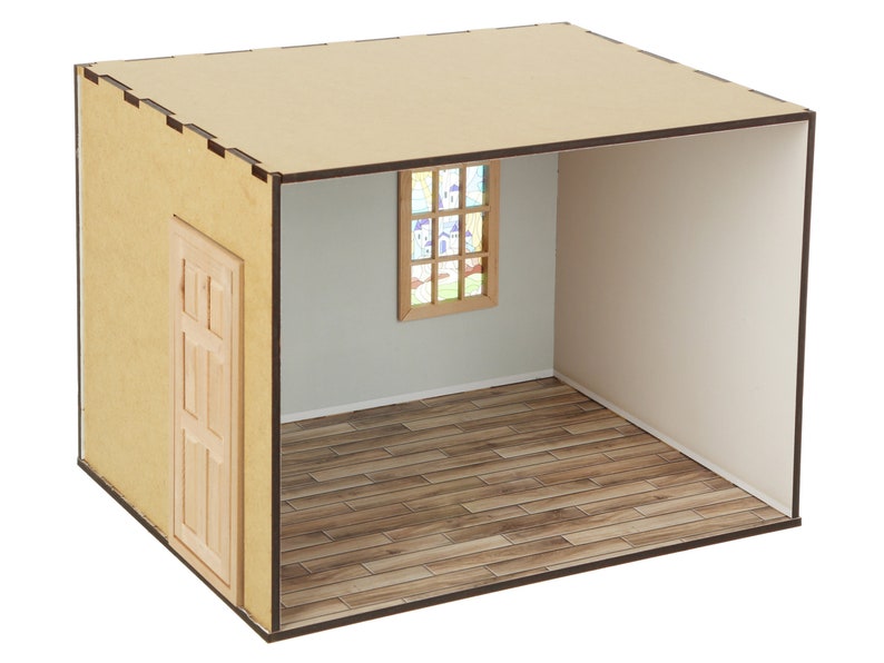 May include: A miniature dollhouse room with a wooden floor, a door, and a window with stained glass. The walls are painted white and the room is empty.