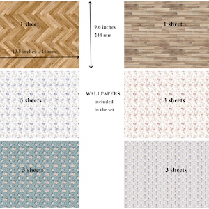 May include: A set of dollhouse wallpaper and flooring. The set includes four different wallpaper patterns with floral designs in shades of blue, pink, and green. The flooring is a wood plank pattern in brown. The wallpaper sheets are 3 sheets each and the flooring is 1 sheet. The flooring is 13.5 inches by 9.6 inches.