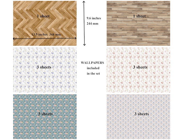 May include: A set of dollhouse wallpaper and flooring. The set includes four different wallpaper patterns with floral designs in shades of blue, pink, and green. The flooring is a wood plank pattern in brown. The wallpaper sheets are 3 sheets each and the flooring is 1 sheet. The flooring is 13.5 inches by 9.6 inches.