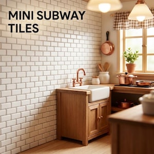 May include: A miniature kitchen scene with white mini subway tiles. It features a wooden cabinet with a white sink and copper tap. The text "MINI SUBWAY TILES" is displayed at the top left.