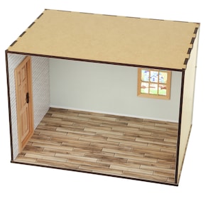 May include: A miniature dollhouse room with a wooden floor, white walls, a brown door, and a window with a colorful scene. The room is made of cardboard and is designed for dollhouse enthusiasts.