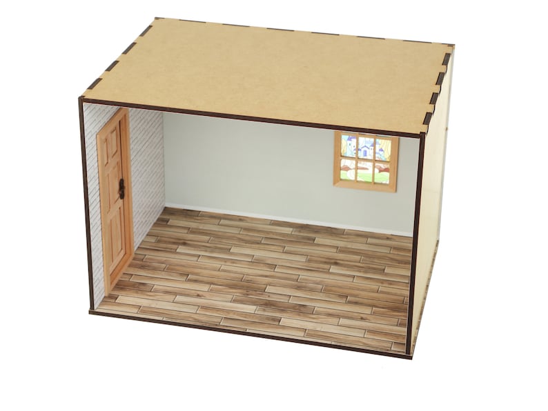 May include: A miniature dollhouse room with a wooden floor, white walls, a brown door, and a window with a colorful scene. The room is made of cardboard and is designed for dollhouse enthusiasts.