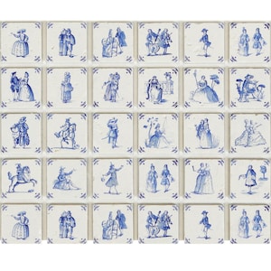 Peut inclure: Ensemble de 36 carreaux de céramique carrés, chacun orné d'une illustration bleue et blanche de personnages historiques. Les carreaux sont disposés en grille, représentant des scènes de personnes en costumes d'époque.