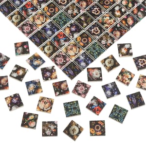 May include: A set of colourful floral tile stickers, featuring a variety of flowers and patterns. The tiles are arranged in a grid pattern, with some tiles missing. The tiles are perfect for adding a touch of colour and style to any room.