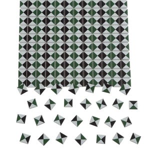 May include: A sheet of black and green diamond-shaped tiles with individual tiles scattered below.