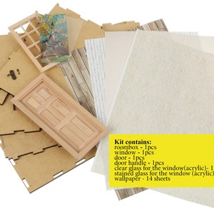 May include: A dollhouse kit with wooden pieces, including a door, window, and roombox. The kit also includes clear and stained glass for the windows, a door handle, and 14 sheets of wallpaper.  Kit contains: roombox - 1pcs window - 1pcs door - 1pcs door handle - 1pcs clear glass for the window(acrylic)- 1pcs stained glass for the window (acrylic) - 1pcs wallpaper - 14 sheets