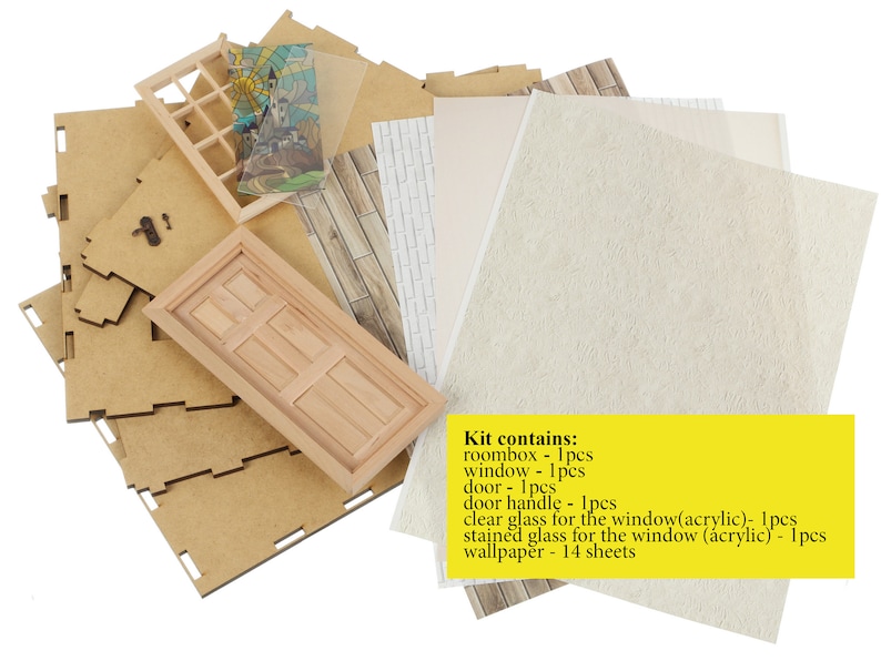 May include: A dollhouse kit with wooden pieces, including a door, window, and roombox. The kit also includes clear and stained glass for the windows, a door handle, and 14 sheets of wallpaper.  Kit contains: roombox - 1pcs window - 1pcs door - 1pcs door handle - 1pcs clear glass for the window(acrylic)- 1pcs stained glass for the window (acrylic) - 1pcs wallpaper - 14 sheets