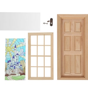 May include: A set of miniature wooden doors and windows for dollhouses. The set includes a stained glass window with a castle and sun design, a plain window with nine panes, a wooden door with six panels, and a door handle with a key.