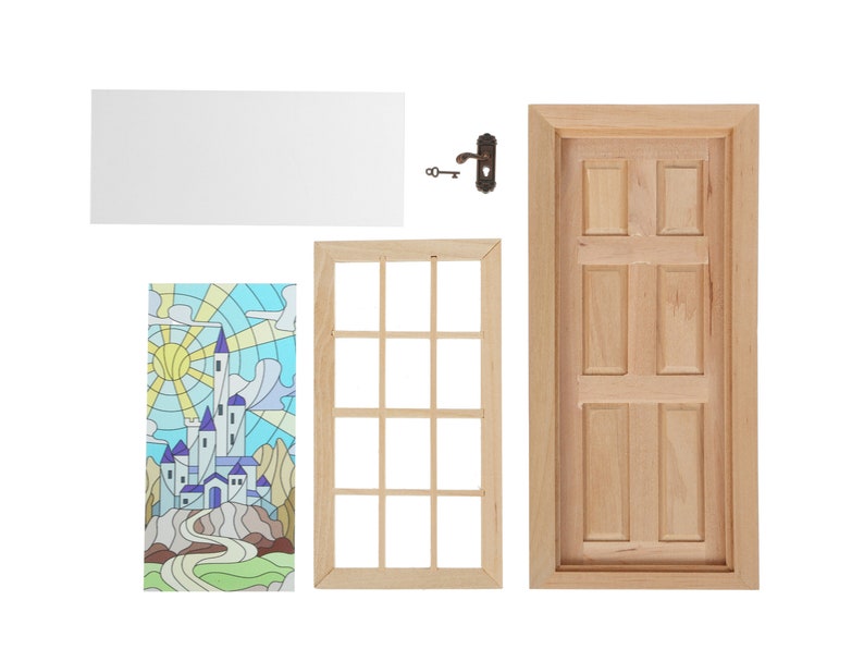 May include: A set of miniature wooden doors and windows for dollhouses. The set includes a stained glass window with a castle and sun design, a plain window with nine panes, a wooden door with six panels, and a door handle with a key.