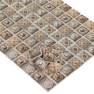 Può includere: Una collezione di piastrelle decorative in ceramica dall'estetica vintage. Ogni piastrella presenta un design unico, tra cui galli, cervi e motivi floreali, nelle tonalità del beige, blu e marrone. Le piastrelle sono disposte a forma di diamante.