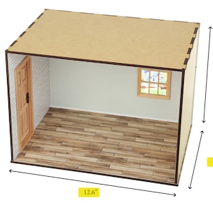 May include: A miniature dollhouse room with a wooden floor, white brick walls, a door, and a window. The room is 12.6 inches wide, 10 inches deep, and 9.5 inches tall.