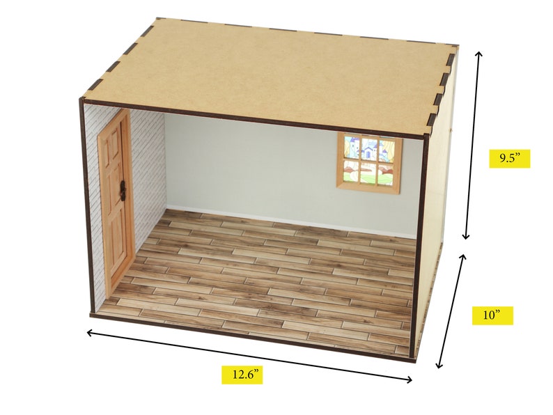 May include: A miniature dollhouse room with a wooden floor, white brick walls, a door, and a window. The room is 12.6 inches wide, 10 inches deep, and 9.5 inches tall.