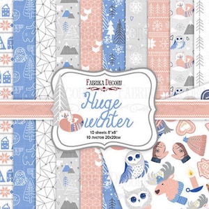 May include: A set of 10 digital paper sheets featuring winter-themed patterns in blue, pink, and gray. The patterns include owls, snowflakes, trees, and geometric designs. The text "Huge Winter" is displayed on a pink banner.