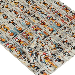 May include: A collection of square tiles featuring cartoon farm animals. Each tile has a different animal, including cows, chickens, sheep, and dogs, with a rustic, weathered wood-like background. The tiles are arranged in a diagonal pattern.