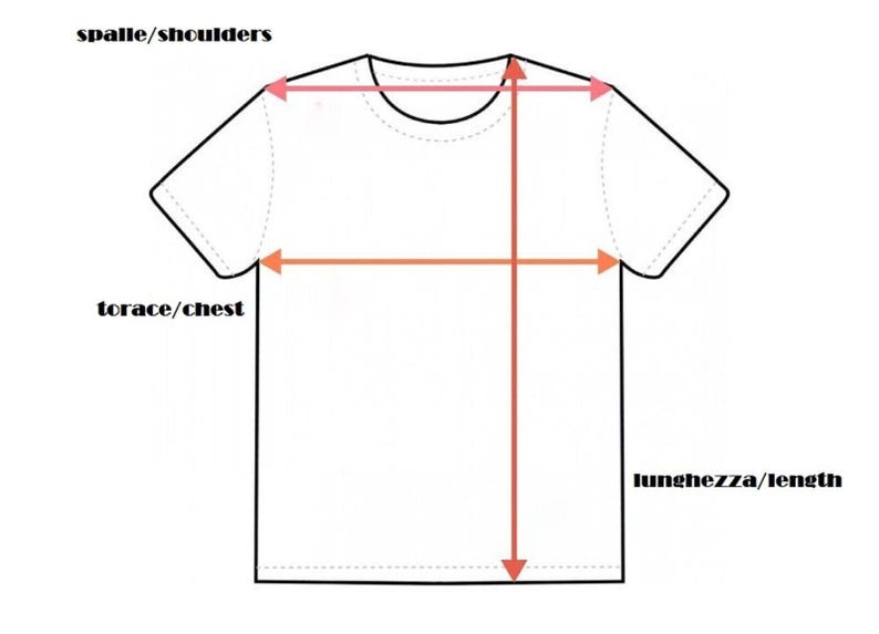 May include: Diagram showing how to measure the shoulders, chest, and length of a t-shirt.