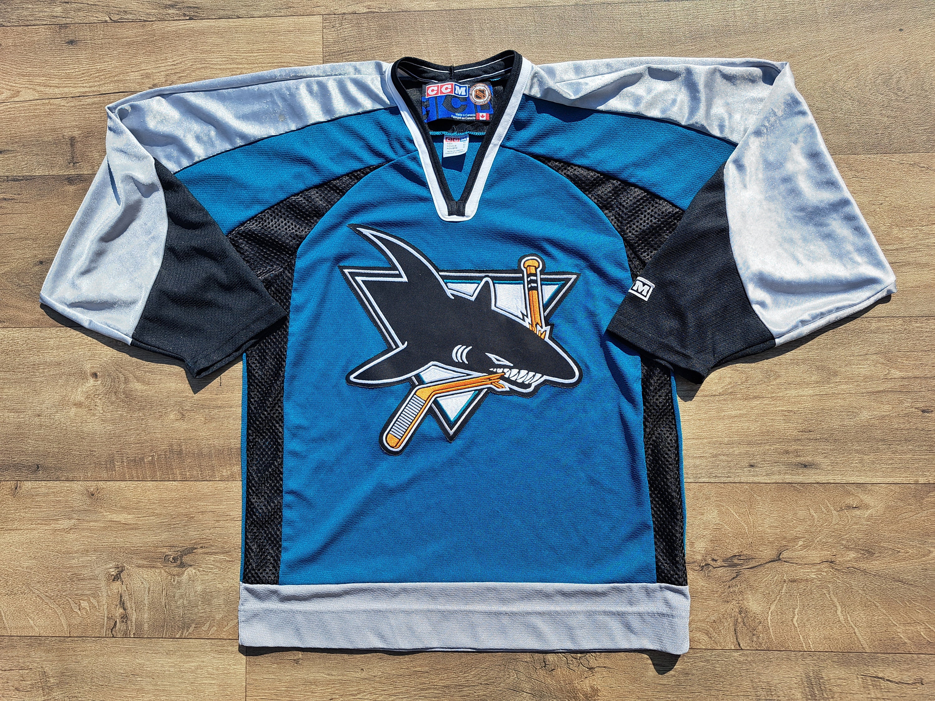 Vintage 90s San Jose Sharks NHL jersey. Made in Canada. Deadstock
