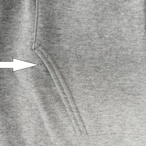 May include: Close-up of a gray hooded sweatshirt with a zipper. The sweatshirt has a small brown stain on the left side.
