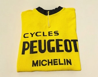 Maillot de cyclisme vintage Peugeot Michelin des années 70 de la fin des années 70, rare en acrylique, taille présumée S/M