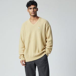 Vintage 90s Puma Men's Sweater in Linen and Polyacrylic with Soft V-Neck, Size 54