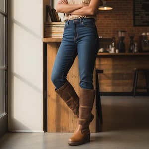 May include: A person wearing blue jeans and brown leather boots with a wedge heel. The boots have a tall shaft and are knee-high. The person is leaning against a wooden surface near a window.