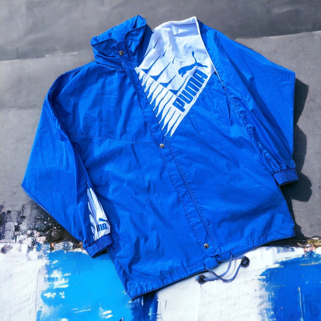 Vintage 90s Puma Waterproof Windbreaker With Hood Large Logo Size