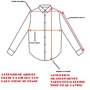 May include: Diagram showing how to measure a shirt. The measurements are taken from behind with the head laying flat. The measurements include shoulders, chest, sleeves, and length.