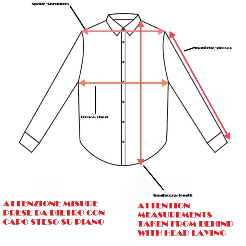 May include: Diagram showing how to measure a shirt. The measurements are taken from behind with the head laying flat. The measurements include shoulders, chest, sleeves, and length.
