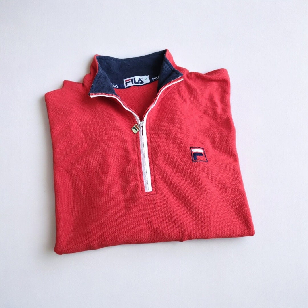 ヴィンテージ フィラ レッド 長袖ポロ/Tシャツ（首元にジップロゴ付き 