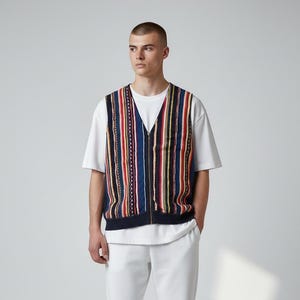 Chaleco vintage de los años 90 Gianni M by Hajo con cremallera multicolor en algodón acrílico talla XL