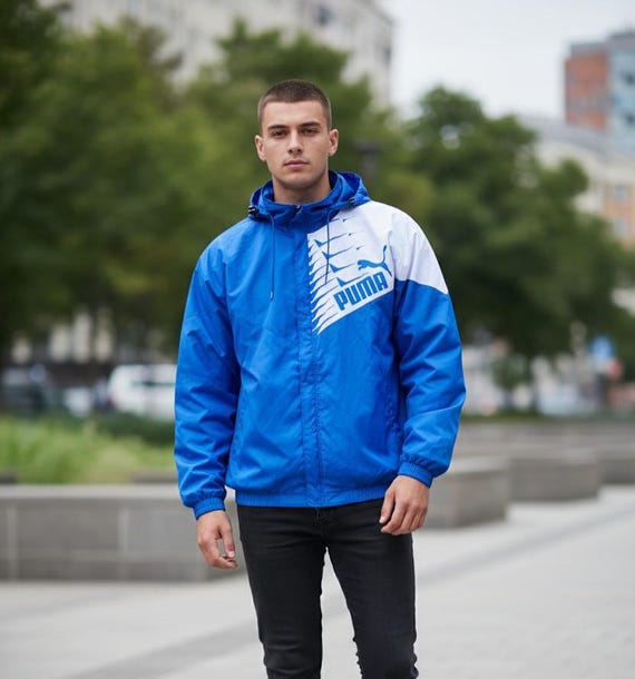 Vintage 90s Puma Waterproof Windbreaker With Hood Large Logo Size
