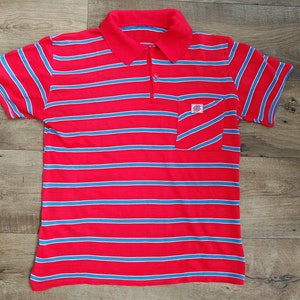 Vintage 90s men&#39;s red polo shirt with horizontal stripes, approximate size S/M