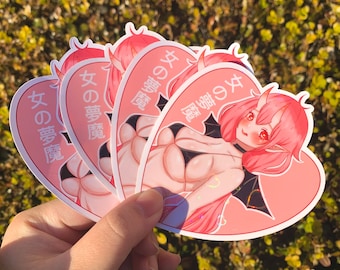 Succubus Hearts Sticker, anime girl sticker, pink anime girl sticker, lewd sticker, nsfw sticker, succubus, holographic heart stickers