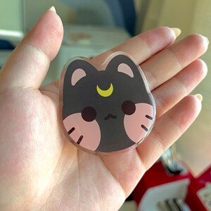 May include: A black and pink cat with a crescent moon on its forehead. The cat has a cute, cartoonish style and is made of clear acrylic.