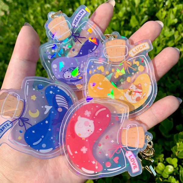 Cat Potion Bottle Holographic Charms, lucky charms, love charms, potion charms, kawaii keychain, potion keychain, holographic keychains