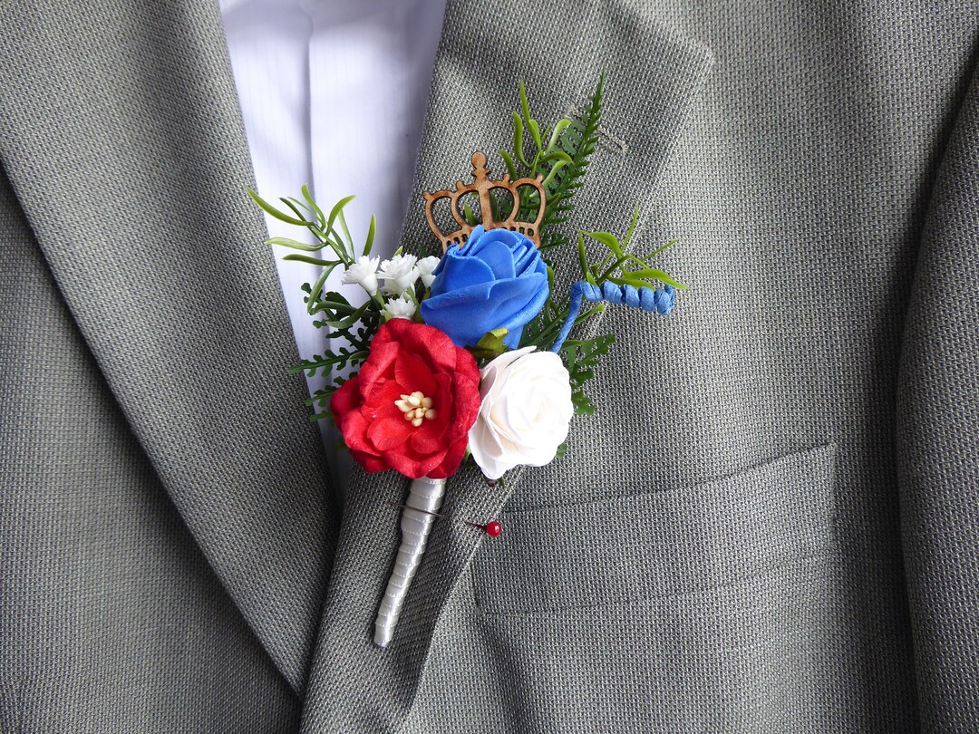 Patriotic Buttonhole, With Wooden Accessory Crown, off White Ribbon and ...