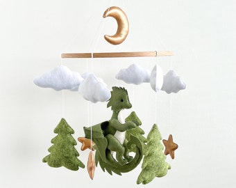 Dragon nursery baby mobile, baby boy mobile, minimalistic baby mobile , fantasy baby nursery, golden moon and stars, baby shower gift